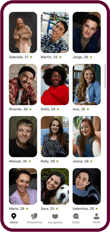 La app Badoo mostrando una cuadrícula con diferentes perfiles de mujeres.